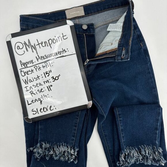 Everlane Mid Rise Blue Skinny Coastal Peace Embroidered Frayed Hem 28T Jeans - Picture 7 of 8